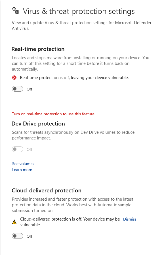 Virus & Threat Protection Settings